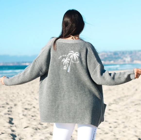 The Beach People Embroidered Twin Palms Cardigan Shaker Sweater M/L - Picture 1 of 7